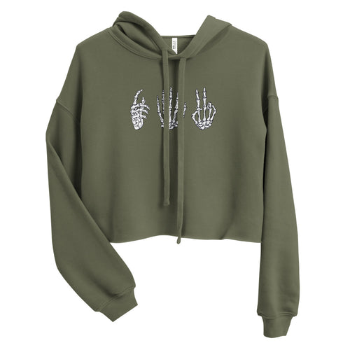 Skelly hands cropped hoodie- olive